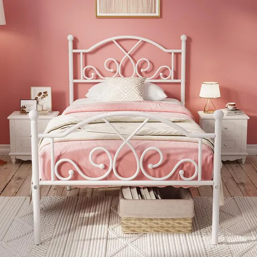 Miniatura 11 de Weehom Marco de cama individual, marcos de cama de metal modernos de tamaño individual para niños y niñas, no necesita somier, base de cama Rosa