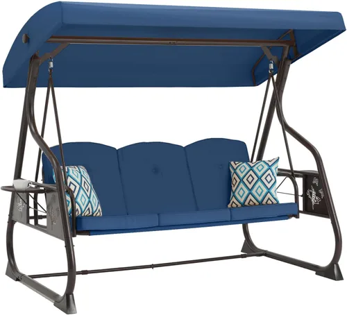 Miniatura 9 de ZZW - Columpio de porche para patio con 3 asientos, 800LBS, columpio al aire libre con soporte, toldo y respaldo ajustable, silla columpio