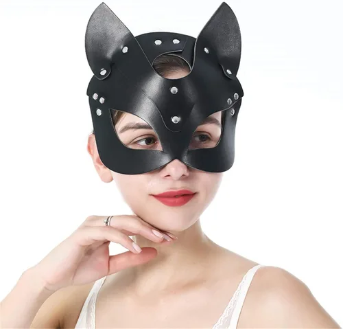 Miniatura 12 de Mumbobyswim Máscaras de cuero de gato y conejo para mujer, máscara de mascarada para cosplay, accesorio de disfraz de Halloween