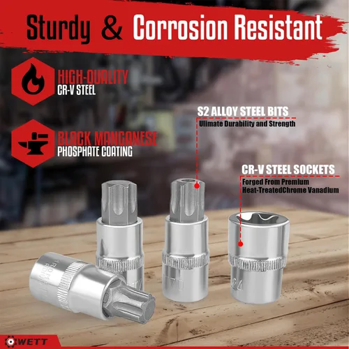 Miniatura 5 de WETT Master Torx Bit Socket y Juego de Enchufe Torx Externo, Juego de 60 Piezas de 1/4", 3/8", 1/2" de Unidades de Enchufes de Broca E-Torx