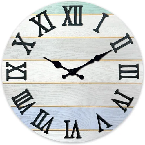 Miniatura 11 de Reloj de pared de madera maciza azul para sala de estar, estilo granja, reloj de pared redondo de 12 pulgadas, funciona con pilas, silencioso