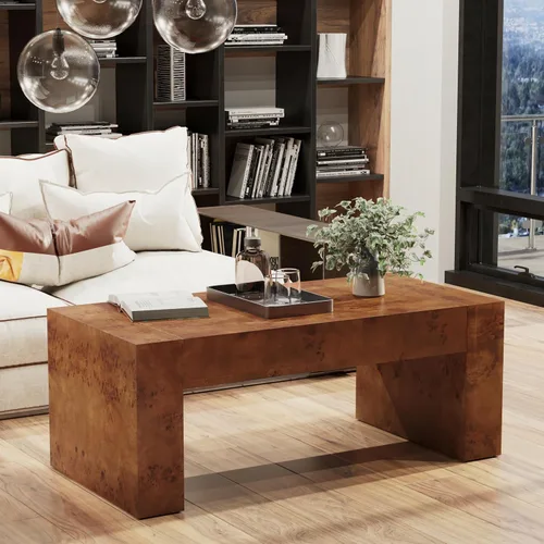 Miniatura 8 de COZAYH Modern Burl Finish Coffee Table, Wood Block Center Table with Thick Legs, Minimalist Rectangular Cocktail Table for Living Room, Dark Brown