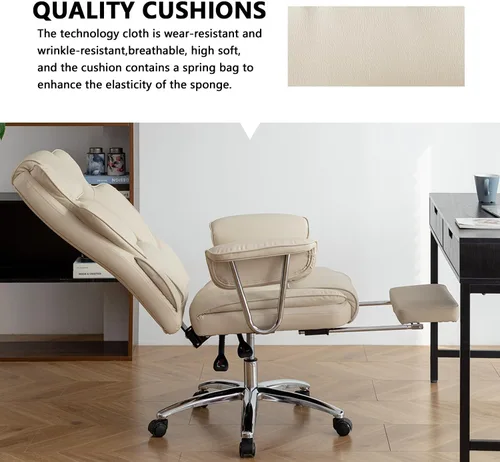 Miniatura 6 de Silla de oficina de piel sintética totalmente reclinable y cómoda silla de oficina grande y alta, 500 libras con reposapiés, ruedas y brazos Beige