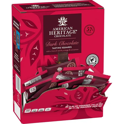 American Heritage Chocolate, Cuadrados de degustación artesanal, 57% de cacao, chocolate negro con toques de vainilla, naranja y canela en un solo