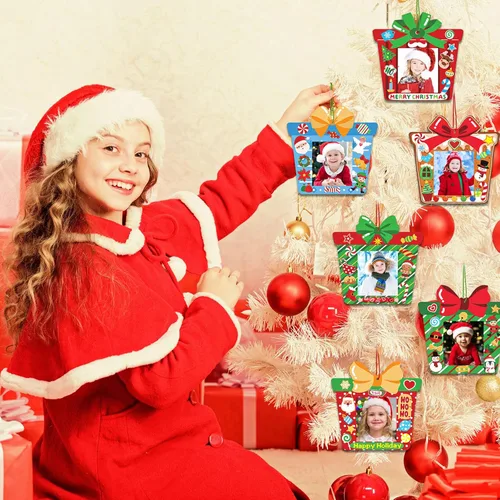 Miniatura 5 de Funrous 24 Piezas Marcos de Fotos Navideños Ornamentos Manualidades Regalo a Granel Marcos de Fotos Colgantes Ornamentos DIY de Madera Decoración