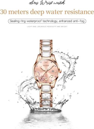 Miniatura 4 de OLEVS Relojes para mujer oro rosa de dos tonos de moda de cerámica blanco esfera rosa roja acero inoxidable fecha impermeable
