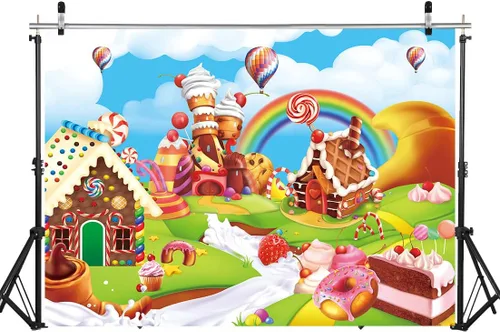 Candyland - Telón de fondo de dibujos animados de 8 x 6 pies, diseño de piruleta de arcoíris, dulce dona, caramelo, fondo de fotografía para primer