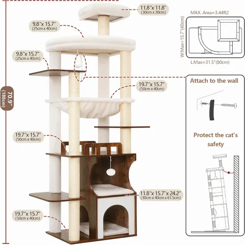 Miniatura 7 de Gitelsnour Árbol para gatos, torre de madera para gatos de 70.9 pulgadas para gatos grandes y adultos, muebles modernos para gatos con condominio