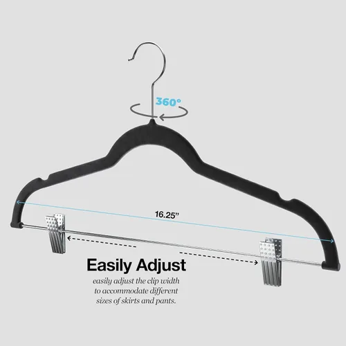 Miniatura 4 de Home-it - Perchas para pantalones con clips, 10 unidades, terciopelo negro, antideslizante, ahorro de espacio para pantalones, faldas, abrigos