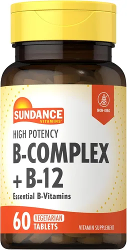 Sundance Complejo de vitamina B | con B-12 | 60 tabletas | Alta potencia | Suplemento vegetariano, sin OMG y sin gluten