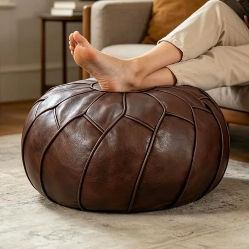 Miniatura 10 de Thgonwid Funda redonda sin relleno, otomana de almacenamiento de piel sintética, taburete marroquí bohemio, decoración multiusos para el hogar, sala