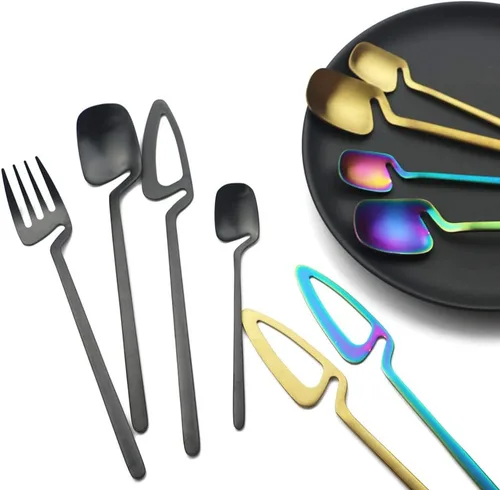 Miniatura 3 de Juego de cubiertos de 24 piezas con utensilios de cocina para servir, servicio para 6, utensilios de acero inoxidable 304, cuchillo, A-Negro