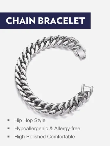 Miniatura 8 de Bandmax Pulsera de cadena cubana para hombres y mujeres, pulsera gruesa de acero inoxidable, pulsera de cadena de eslabones Hip Hop, ancho