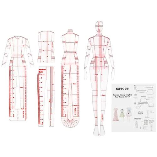 Miniatura 9 de Conjunto de reglas de plantilla de dibujo de moda EXTCCT, diseño de patrones humanoides para mujer, reglas de curva francesa para medición de ropa