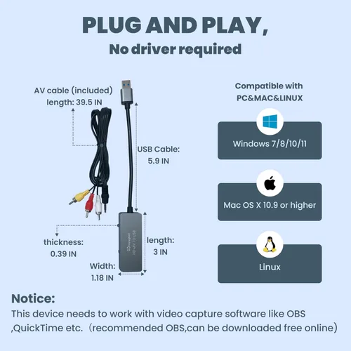 Miniatura 5 de Tarjeta de captura de video USB para VHS/HDMI/AV/RCA, convertidor de video analógico a digital, convertidor VHS a digital/USB/RCA, compatible