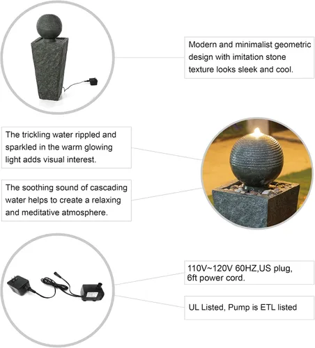 Miniatura 3 de Glitzhome Fuente de agua para exteriores con luz LED, fuente decorativa con pedestal de esfera para exteriores con bomba sumergible, fuentes