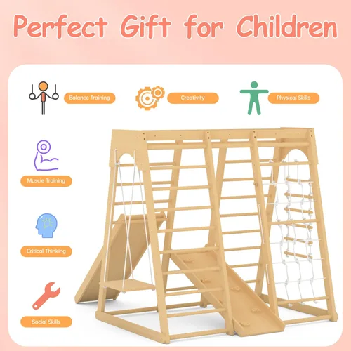 Miniatura 6 de Gimnasio de la selva para niños pequeños, juego de patio interior de 66 pulgadas con columpio, pared de escalada en roca, tobogán, barras de mono