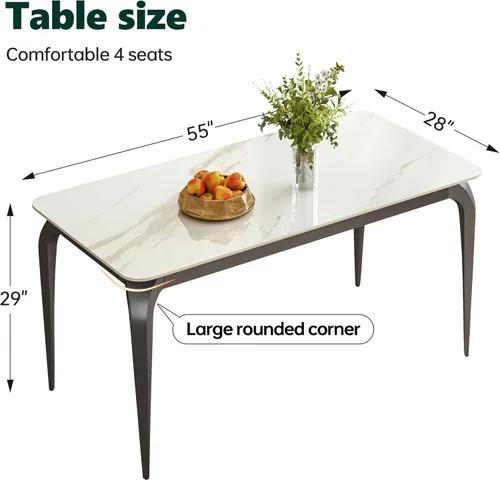 Miniatura 2 de Mesa de comedor, mesa de cocina de piedra sinterizada, mesa rectangular moderna de pizarra blanca de 55 pulgadas con patas de metal, mesa de comedor