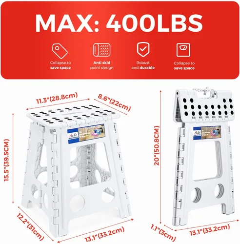 Miniatura 5 de ACKO Taburete plegable plegable de 16 pulgadas, 400 libras de capacidad, taburetes de plástico para adultos y niños, taburetes plegables para Blanco