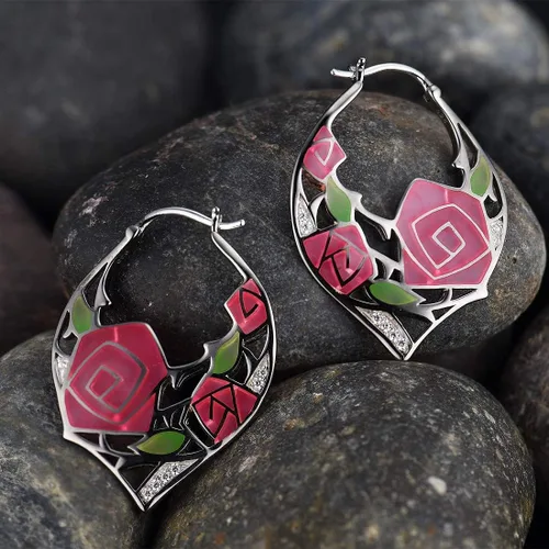 Miniatura 4 de Santuzza Aretes de aro de plata de ley 925 hechos a mano con flores esmaltadas Plata de ley Esmalte Circonia cúbica