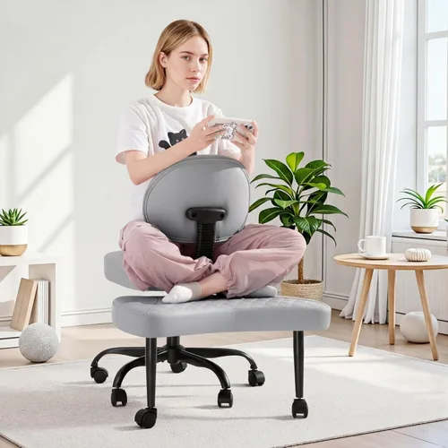 Miniatura 8 de GUNJI Silla de oficina ergonómica con patas cruzadas, silla de meditación giratoria de 360° con ruedas, silla para TDAH con reposapiés, soporte Negro