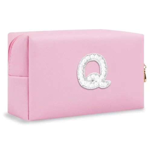 Miniatura 241 de Pequeña bolsa de maquillaje personalizada con inicial A-Z Preppy Patch, bolsa de cosméticos de viaje de felpilla blanca con cremallera, bonita bolsa