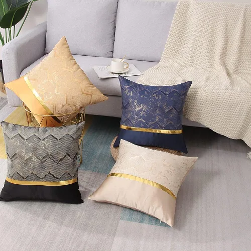 Miniatura 4 de Juego de 2 fundas de almohada decorativas de 18 x 18 pulgadas, de cuero beige dorado a rayas, jacquard, funda de cojín cuadrada moderna de lujo