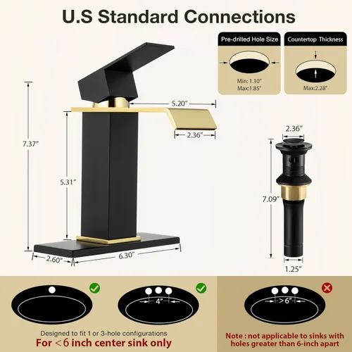 Miniatura 4 de Grifo de lavabo de baño, color negro y dorado, estilo cascada, fabricado en SUS304 de acero inoxidable, maneta única, montaje en cubierta adecuado