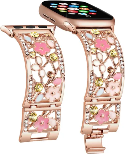 Miniatura 8 de Pulsera Floral Compatible con Apple Watch Banda de 1.65, 1.73, 1.77, 1.81 y 1.92 pulgadas, iWatch Series 11 10 9 8 7, Correa de Metal Hueca