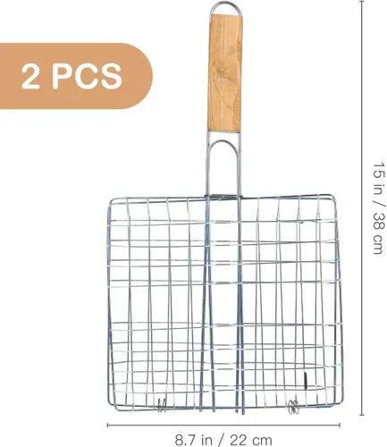 Miniatura 9 de Happyyami Barbacoa de acero inoxidable cesta de pescado de 14.96 x 8.66 pulgadas, abrazadera de red portátil al aire libre para acampar fiesta