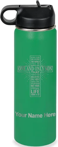 Miniatura 36 de LaserGram Botella de agua personalizada, versículo bíblico John 3-16, acero inoxidable de doble pared aislada al vacío con popote superior, regalo