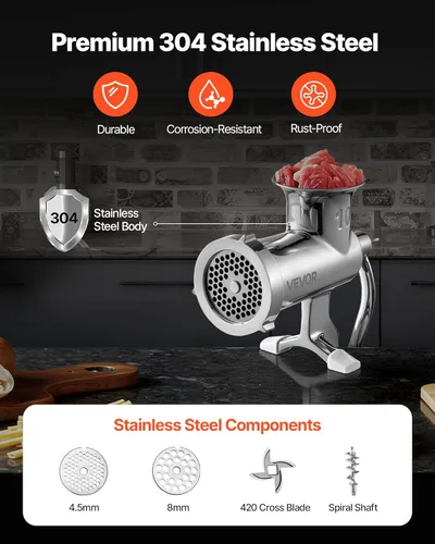 Miniatura 4 de VEVOR Picadora manual de carne de acero inoxidable, abrazadera de 1.8 pulgadas, 2 placas de molienda, relleno de salchichas, ideal para el hogar