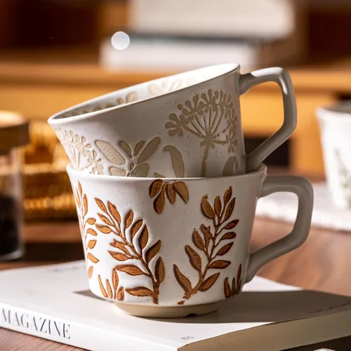 Miniatura 3 de Juego de 4 tazas de café con cuchara dorada, taza de cerámica pintada a mano de estilo antiguo de 11 onzas para hombres y mujeres, regalos únicos