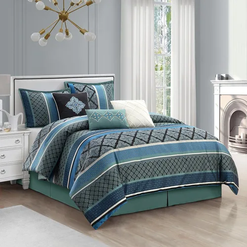 Miniatura 12 de Grand Avenue Juego de edredón geométrico negro y dorado, tamaño California King, juego de ropa de cama jacquard de 7 piezas, ultra suave, fundas a