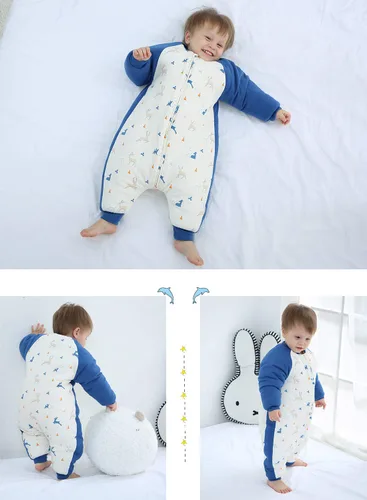 Miniatura 8 de Happy Cherry Saco de dormir de algodón grueso de invierno para bebé, manta cálida con mangas desmontables, Pingüino - Azul
