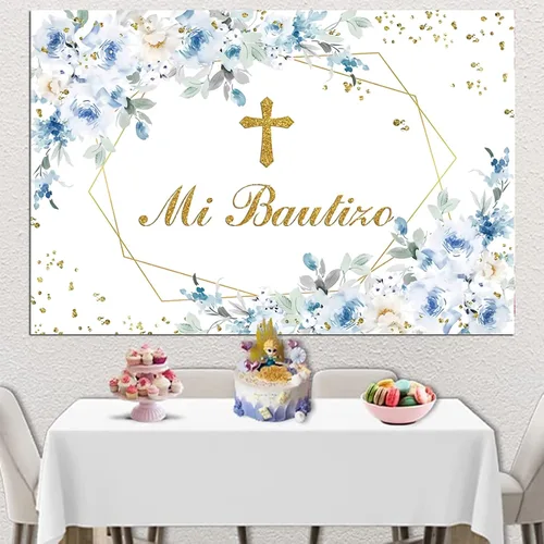 Miniatura 5 de Mi Bautizo - Telón de fondo de fotografía de flor de peonía azul, angel, primera comunión, bautismo, decoración de fiesta, bautizo, baby shower