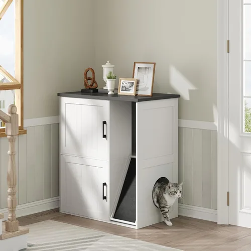Miniatura 8 de MAHANCRIS Caja de Arena Cerrada para 2 Gatos, Mueble de Caja de Arena Oculta con Almohadilla Rascadora, Recinto de Cajas de Arena Dobles, Baño