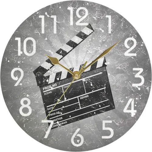 Naanle Reloj de pared redondo retro de cine, 9.5 pulgadas, funciona con pilas, reloj de escritorio analógico silencioso de cuarzo para el hogar,