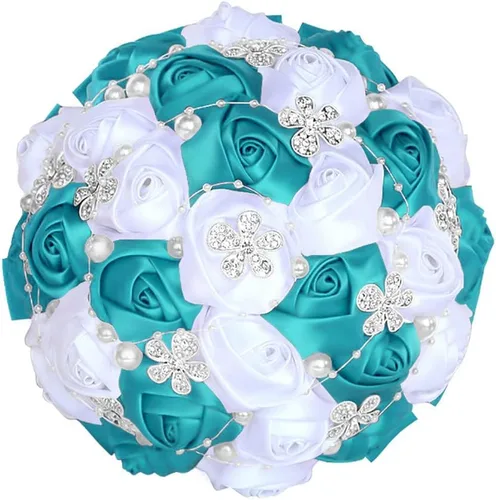 Miniatura 28 de Sharebeauty Ramo de novia de satén hecho a mano de 5.9 pulgadas, ramo de boda, ramo de flores artificiales, color azul claro + blanco W224