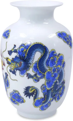 Miniatura 3 de Dahlia Jarrón azul y blanco, florero de porcelana china hecho a mano, diseño de dragón, forma de melón de 8.5 pulgadas Motivo de dragón