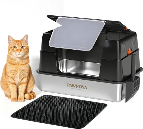 Caja de arena de acero inoxidable 304 con tapa abatible, fácil de limpiar, caja de arena cerrada para gatos grandes, lados altos para pulverización