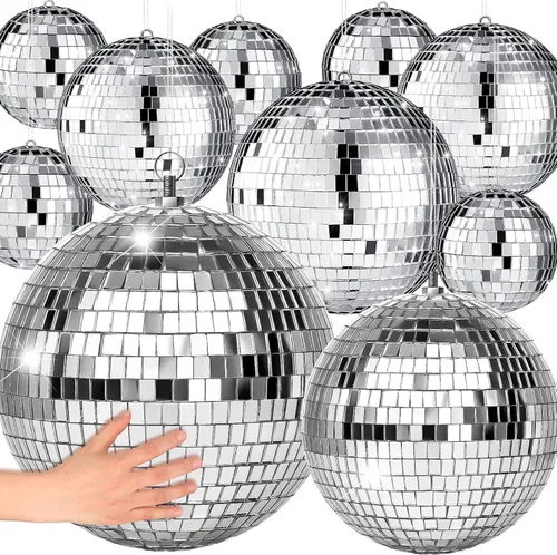 Miniatura 10 de 17 Piezas de Decoración de Bola de Discoteca: Bolas de Discoteca Colgantes de Espejo de Tamaño Variado Mini y Grande - Adornos de Navidad Plateados