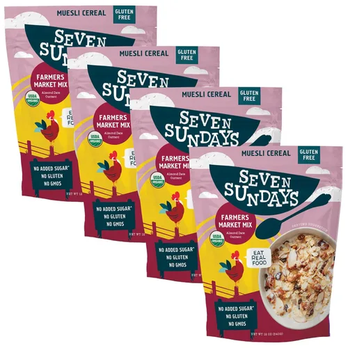 Seven Sundays Muesli Orgánico de Cereales, Almendra Fecha Grosella del Mercado de Granjeros, Bolsa de 32 Oz (Paquete de 4), Sin Gluten, 0g de Azúcar