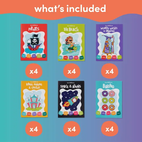Miniatura 4 de THE TWIDDLERS - Paquete de 24 mini libros para colorear de 6 temas a granel para niños a partir de 3 años, incluye castillos, dragones, pirata