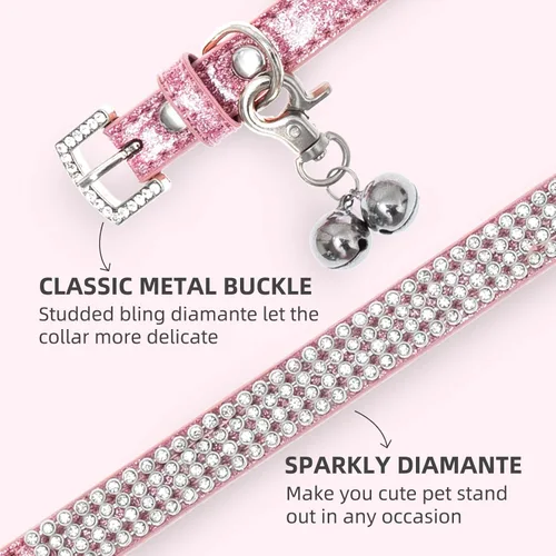 Miniatura 3 de PUPTECK Collar básico ajustable para gato con diamantes brillantes y campanas dobles, para gatitos y cachorros pequeños, collares de diamantes