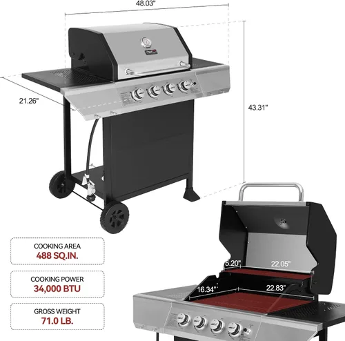 Miniatura 3 de Royal Gourmet GA4400T Parrilla de acero inoxidable de 4 quemadores, gasolina de propano líquido, 40,000 BTU, estilo de carrito, perfecto para un