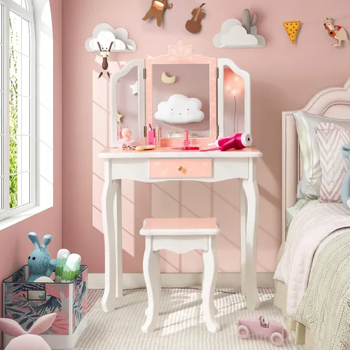 Miniatura 12 de Costzon Juego de tocador para niños con espejo, tocador de maquillaje de princesa 2 en 1 con parte superior desmontable, tocador para niñas pequeñas