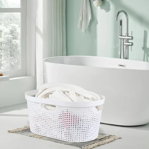 Miniatura 5 de Paquete de 4 cestas para la ropa sucia con mango recortado, cestas de plástico blanco, 40 L Dirty Clothes Storage Hamper