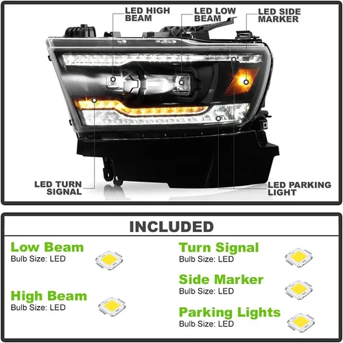 Miniatura 2 de ACANII - Para [tipo halógeno] 2019-2022 Ram 1500 Tubo LED Negro Señal secuencial LED Dual Proyector Faros Faros Faros