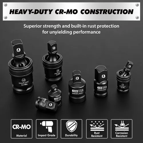Miniatura 5 de SWANLAKE GARDEN TOOLS Juego de adaptadores giratorios de impacto de 7 piezas, 1/4" 3/8" 1/2" Drive Universal Joint Socket Set CR-MO Steel, reductor